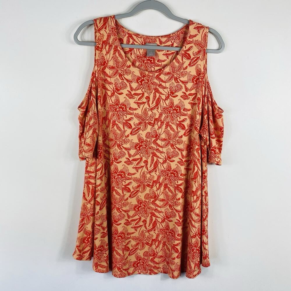 Chico's Top Large 2 12 Orange Tropical Floral Cold Shoulder Short Sleeve
